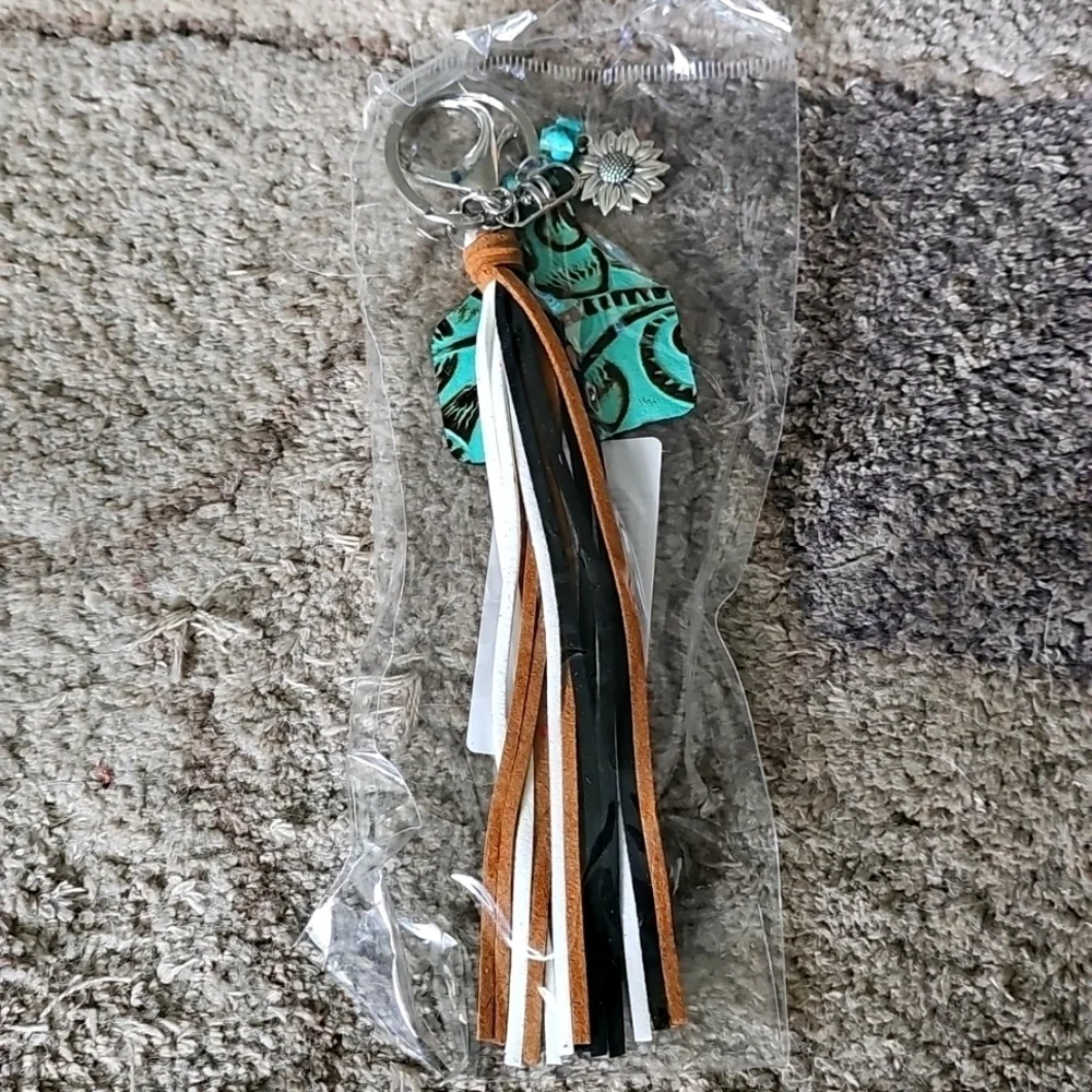 Stamped Cowtag Sunflower With Stone Accents And Leather Tassel Key…